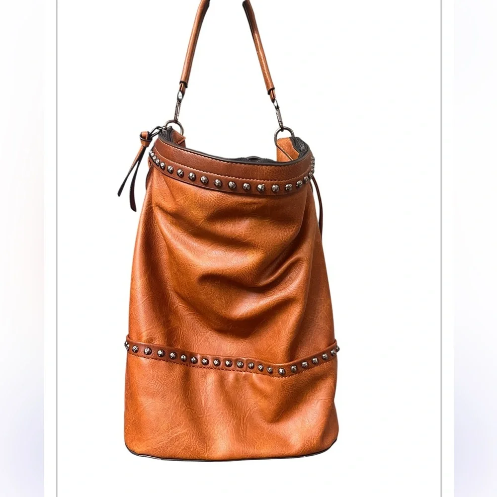 Sam and Hadley Large Faux Leather Barrel Bucket Bag Hobo Boho Rivets